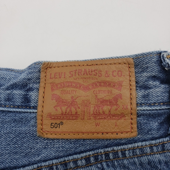 Levis women US 28 x 27 multicolor blue jeans 501 button fly patchwork raw hem - Picture 5 of 15